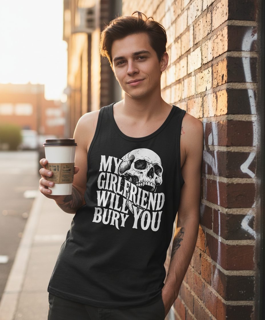 My Girlfriend Will Bury You skull Tank Top Black lifestyle mockup