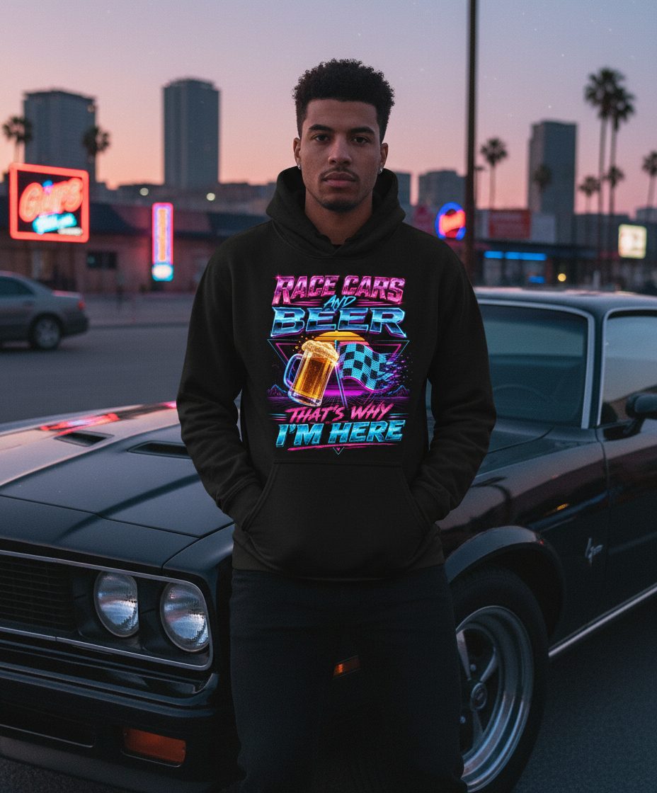 Race Cars and Beer That's Why I'm Here Retro Racing Hoodie - lifestyle model mockup - Black