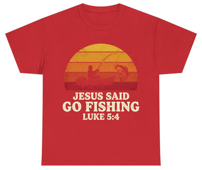 JESUS SAID GO Fishing LUKE 5 4 Retro Christian Youth T-Shirt - product mockup - Red