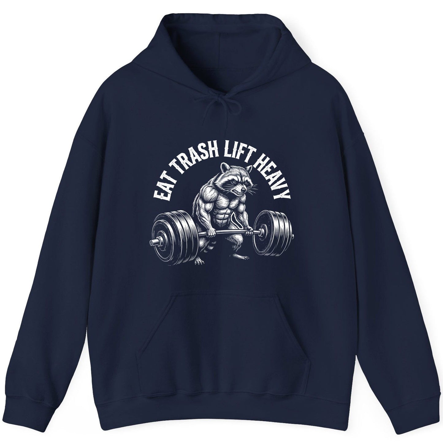 Eat Trash Lift Heavy raccoon Hoodie Navy product mockup