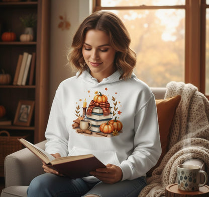 Cozy Autumn Reading Nook cozy autumn reading Hoodie White lifestyle mockup