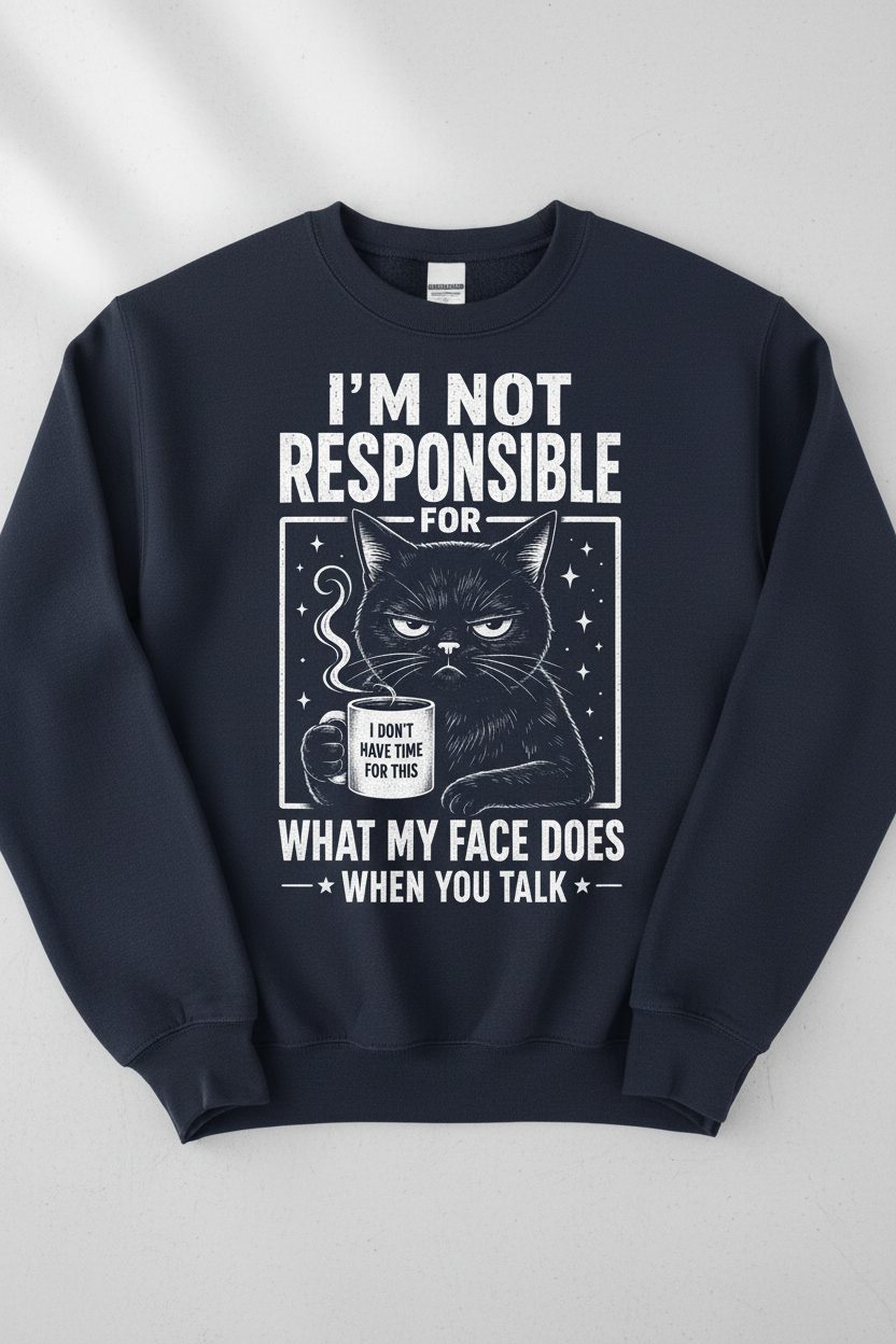 I'm Not Responsible for What My Face Does When You Talk Funny Sarcastic Cat Sweatshirt - product mockup - Navy