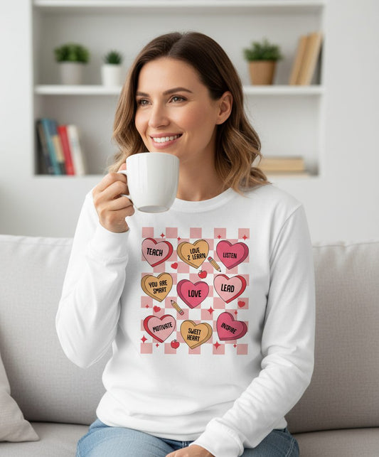 Inspirational Teacher Conversation Hearts teacher appreciation Long Sleeve Tee White lifestyle mockup