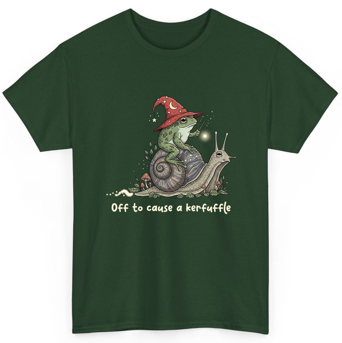 Off to Cause a Kerfuffle wizard frog T-Shirt Forest Green product mockup