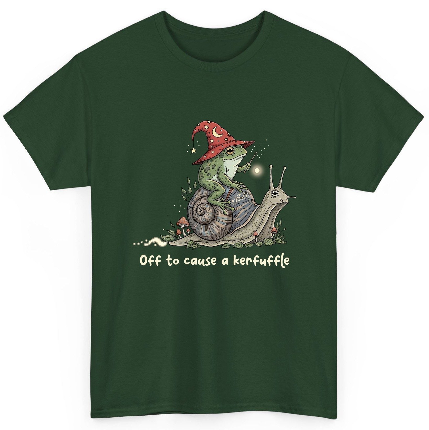 Off to Cause a Kerfuffle wizard frog T-Shirt Forest Green product mockup