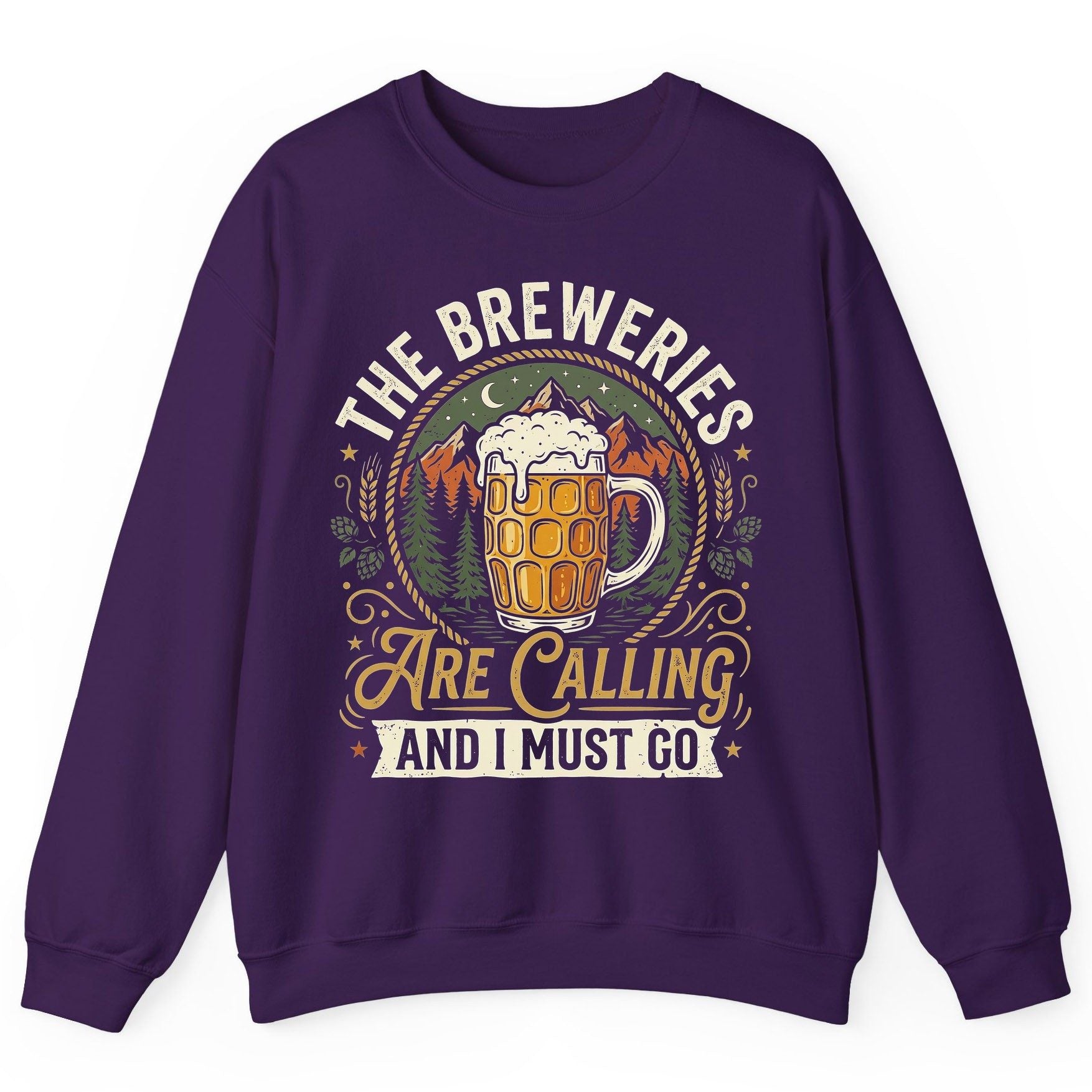 The Breweries Are Calling and I Must Go Funny Craft Beer Sweatshirt - product mockup - Purple