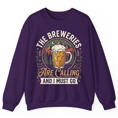The Breweries Are Calling and I Must Go Funny Craft Beer Sweatshirt - product mockup - Purple