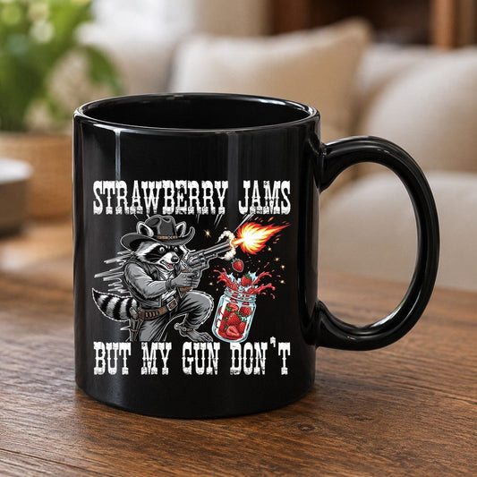 Strawberry Jams but My Gun Don't raccoon Black Mug Black product mockup