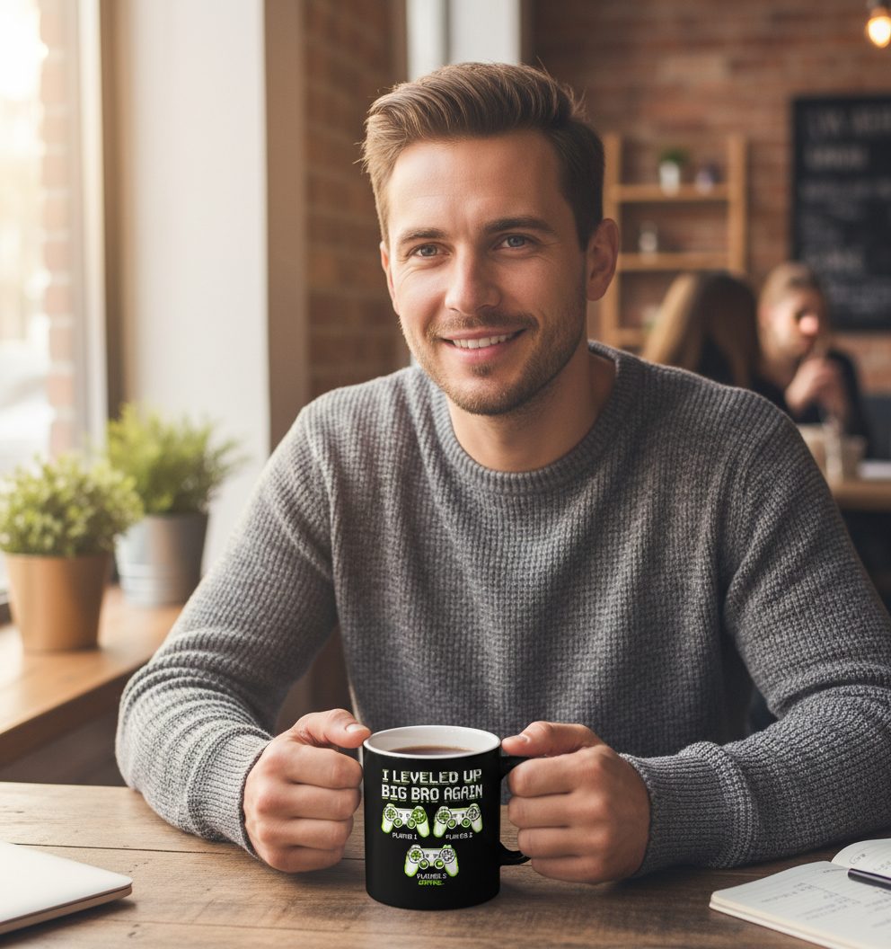I Leveled UP BIG BRO AGAIN Retro Brother Announcement Black Mug - lifestyle model mockup - Black