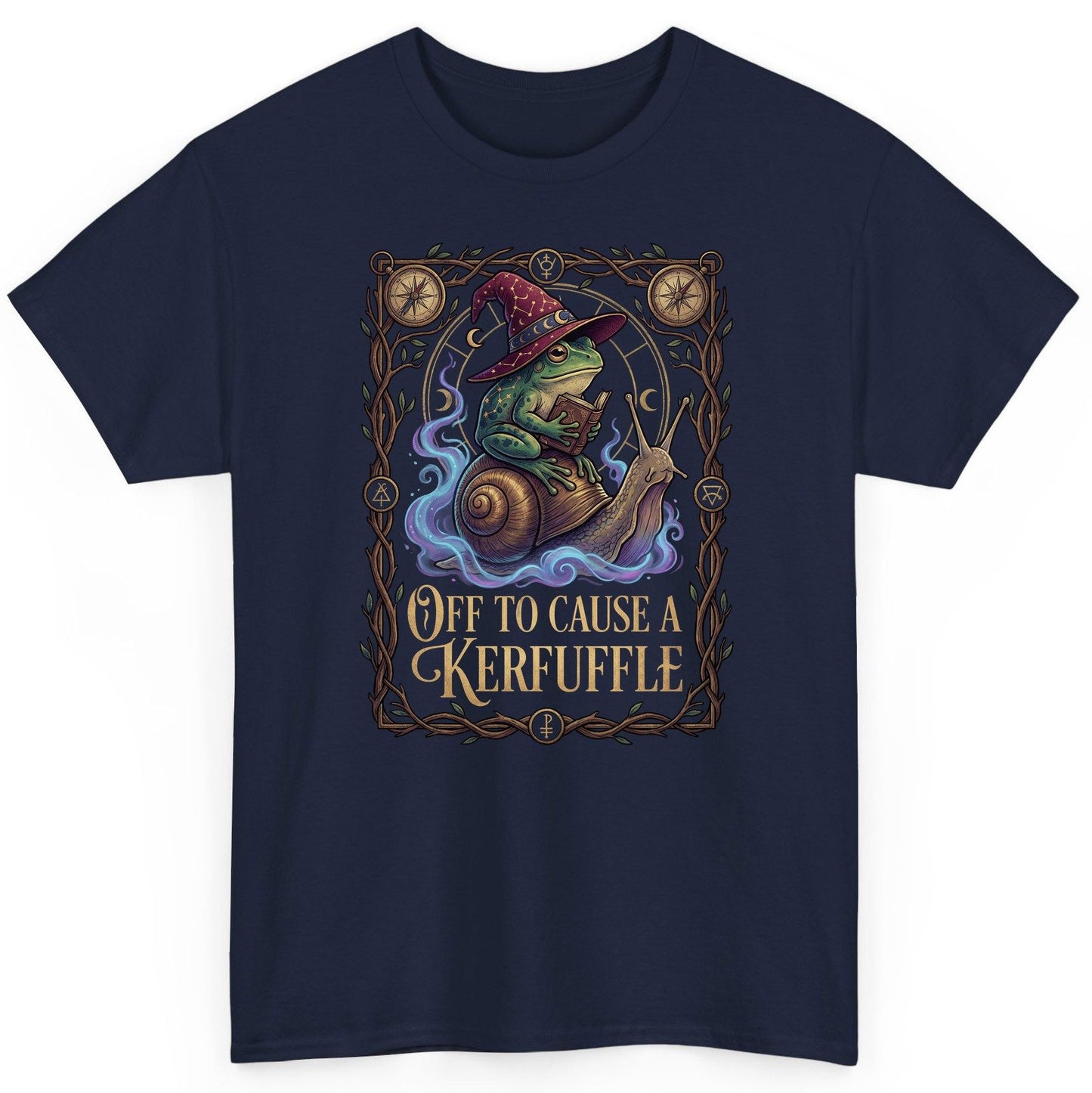 Off to Cause a Kerfuffle frog wizard T-Shirt Navy product mockup
