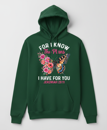 Jeremiah 29:11 Butterfly Floral Christian Verse Hoodie - Forest Green