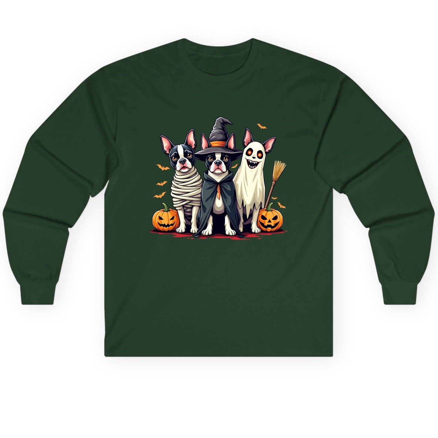 Halloween Boston Terrier Trio boston terrier Long Sleeve Tee Forest Green product mockup