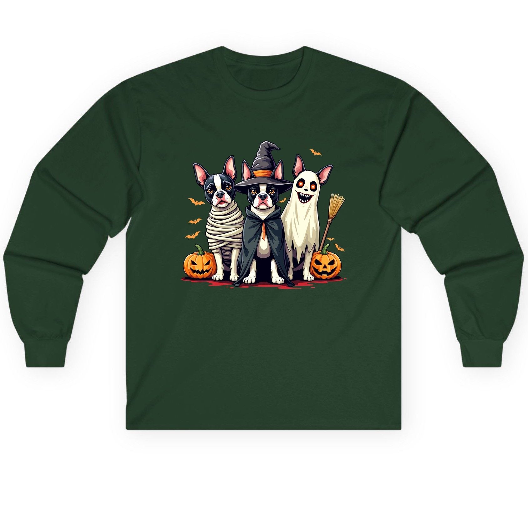 Halloween Boston Terrier Trio boston terrier Long Sleeve Tee Forest Green product mockup