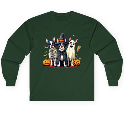 Halloween Boston Terrier Trio boston terrier Long Sleeve Tee Forest Green product mockup