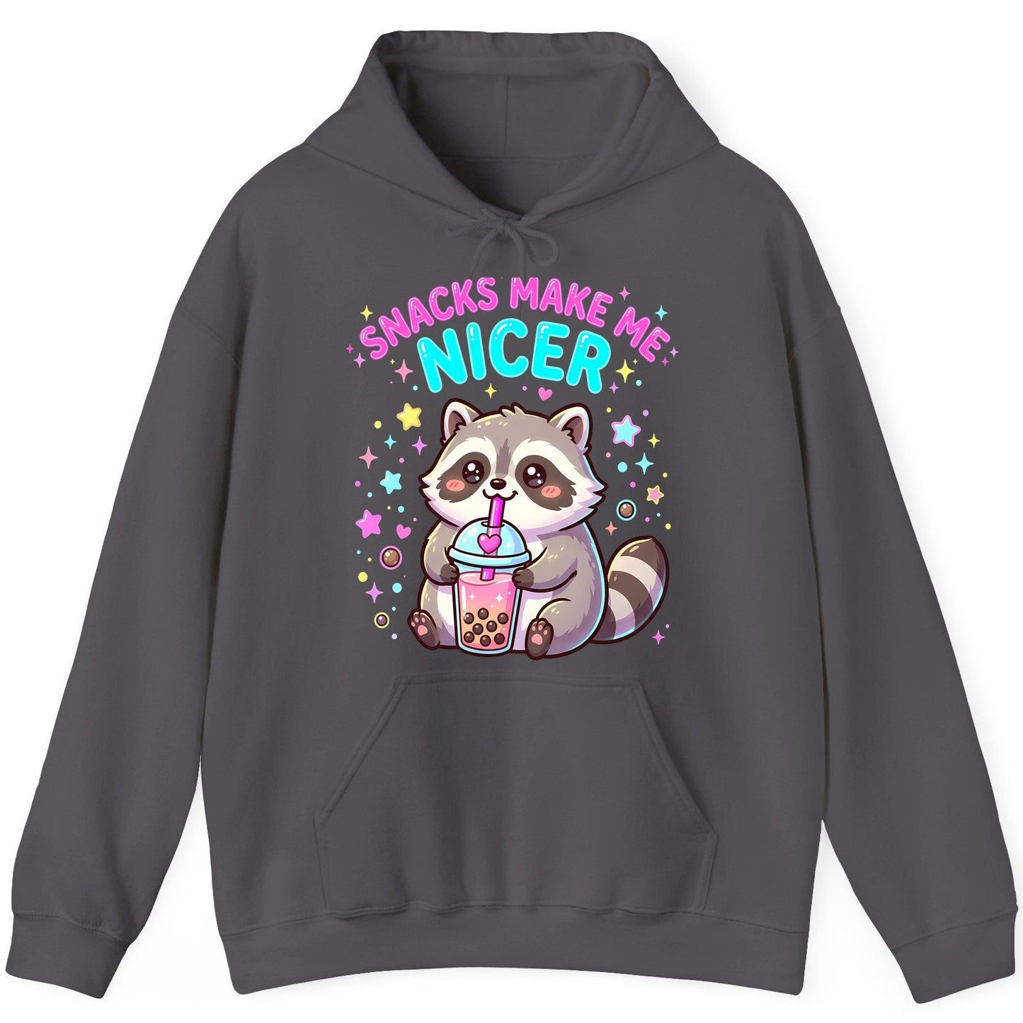 SNACKS MAKE ME NICER Funny Raccoon Hoodie - product mockup - Charcoal