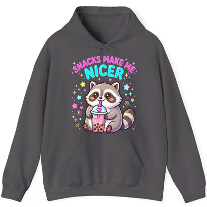 SNACKS MAKE ME NICER Funny Raccoon Hoodie - product mockup - Charcoal