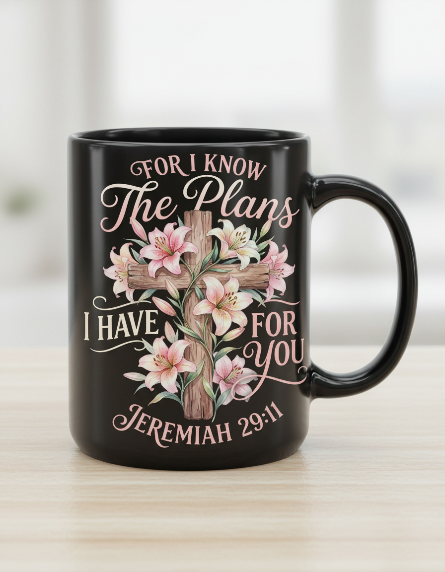 Jeremiah 29:11 For I Know The Plans I Have For You Cross and Lilies Black Mug - Black