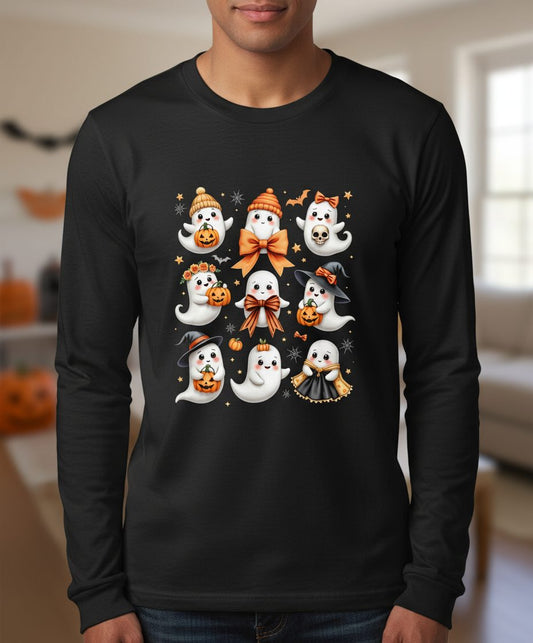 Cute Kawaii Ghosts Collection cute Halloween ghosts Long Sleeve Tee Black lifestyle mockup