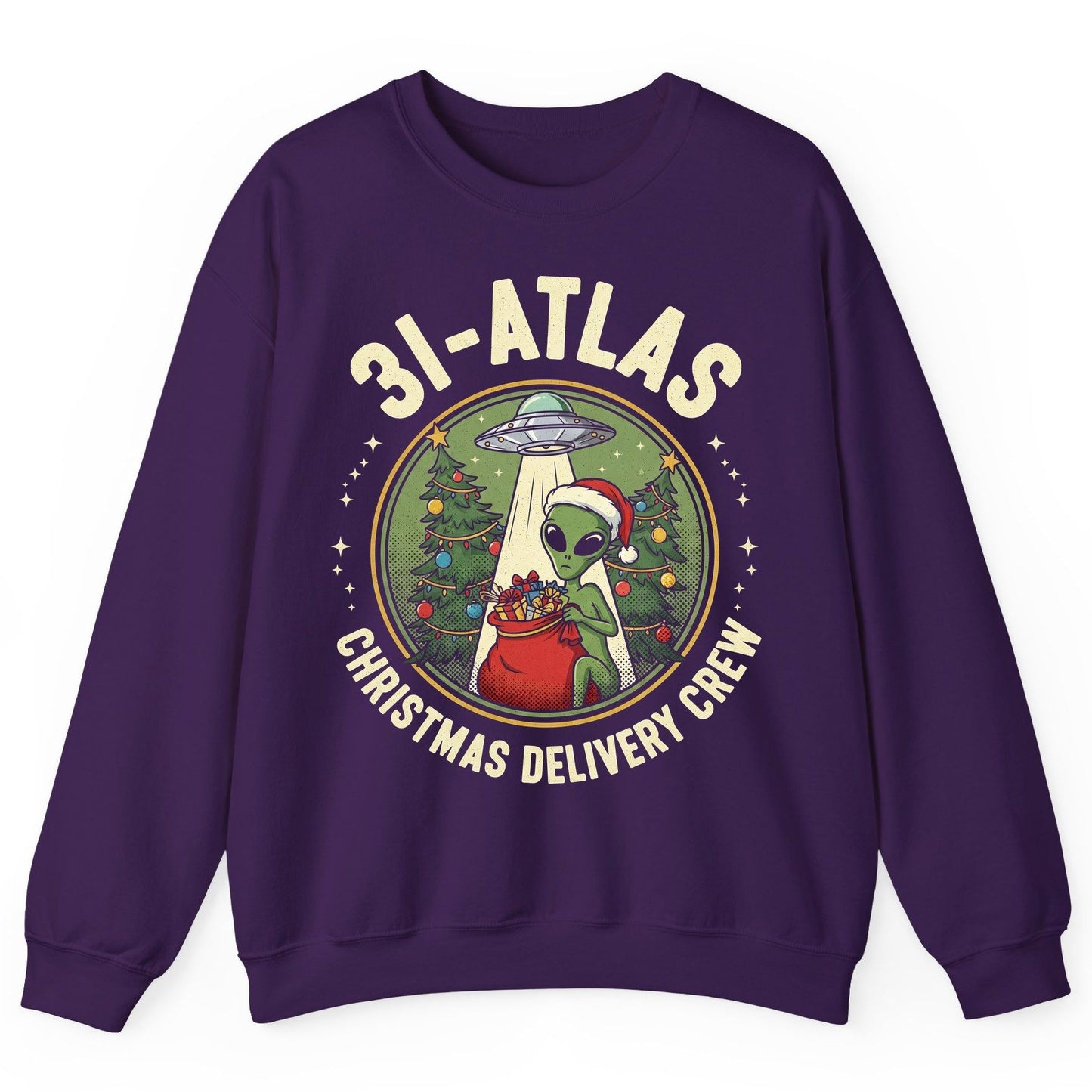 31-Atlas Christmas Delivery Crew alien Christmas Sweatshirt Purple product mockup