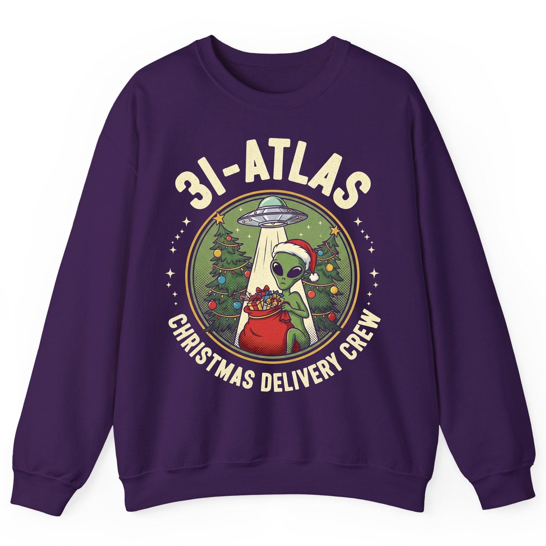 31-Atlas Christmas Delivery Crew alien Christmas Sweatshirt Purple product mockup