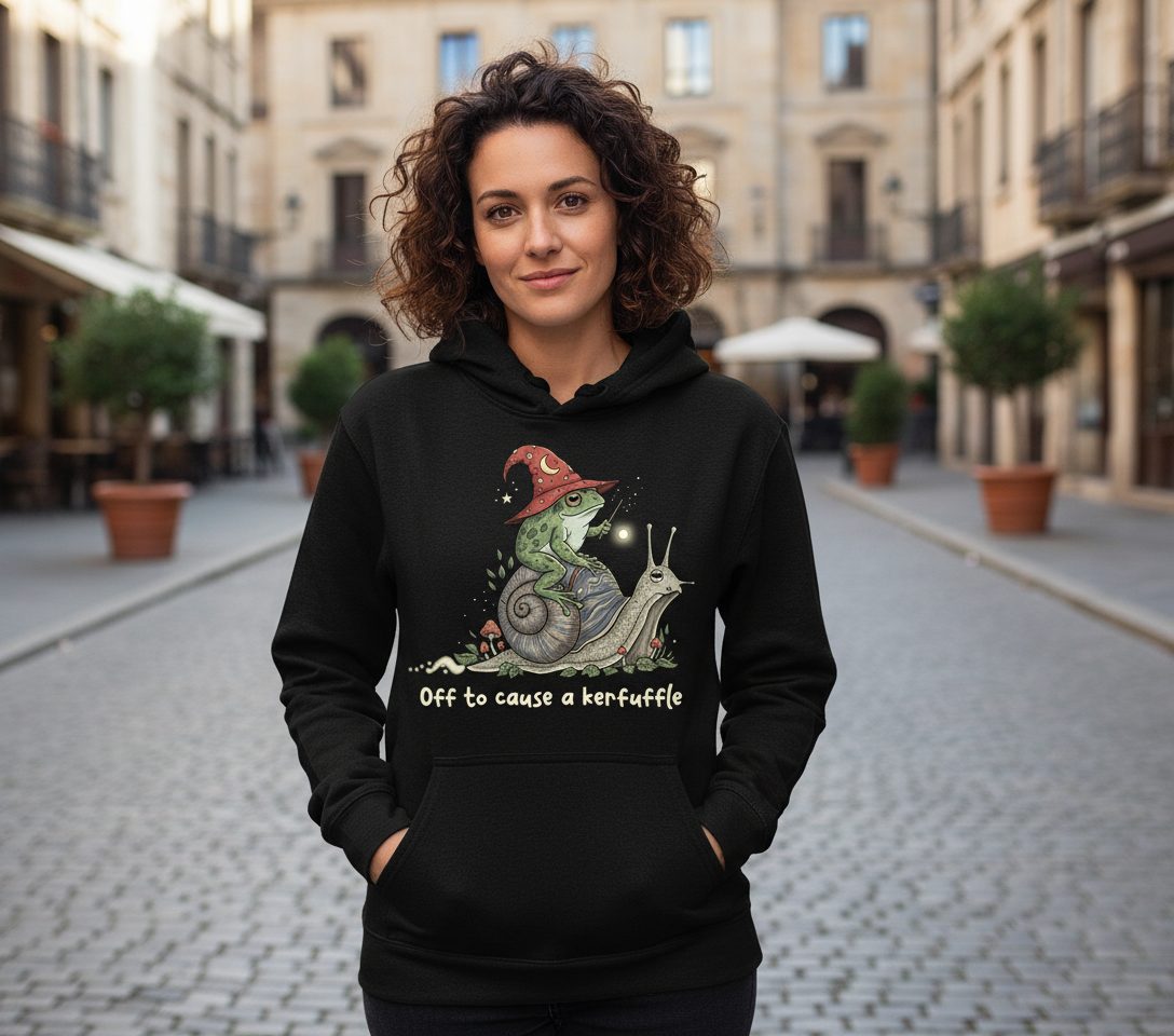 Off to Cause a Kerfuffle wizard frog Hoodie Black lifestyle mockup