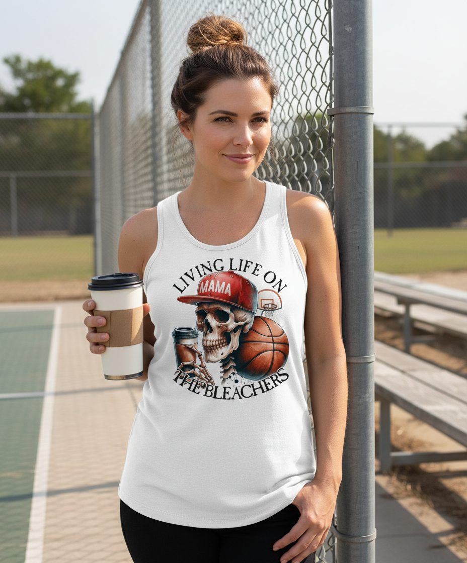 Living Life on the Bleachers Mama basketball mom Tank Top White lifestyle mockup