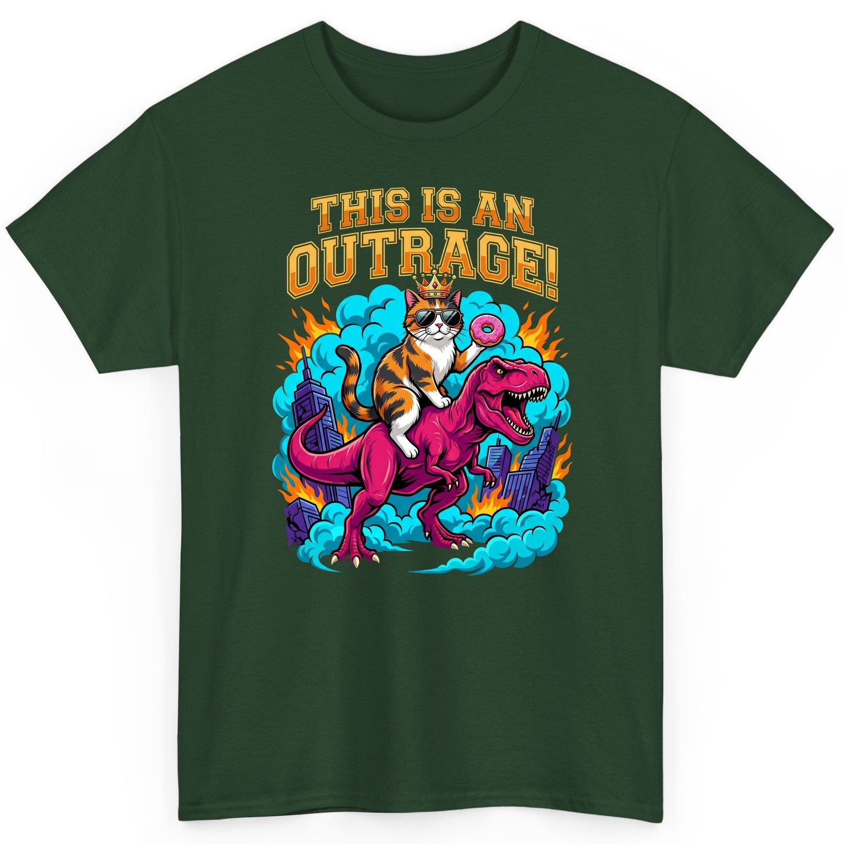 THIS IS AN OUTRAGE! Cat riding a T-Rex T-Shirt Forest Green product mockup