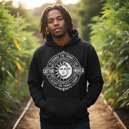 Sativa to Change the Things I Can Indica to Accept the Things I Hoodie - lifestyle model mockup - Black