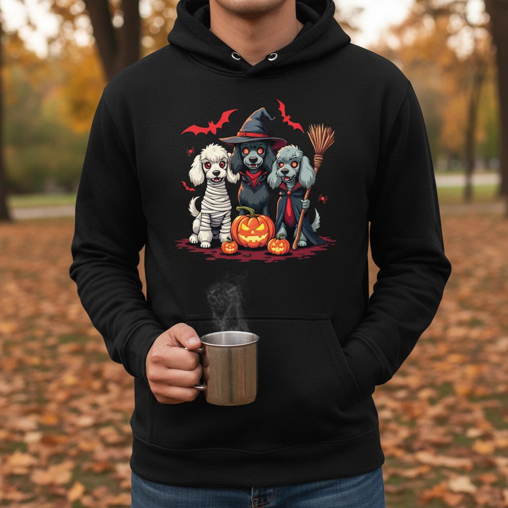 Spooky Poodle Trio Halloween dogs Hoodie Black lifestyle mockup
