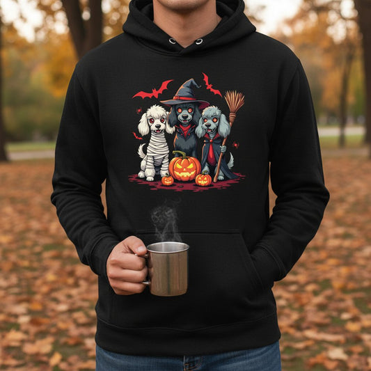 Spooky Poodle Trio Halloween dogs Hoodie Black lifestyle mockup