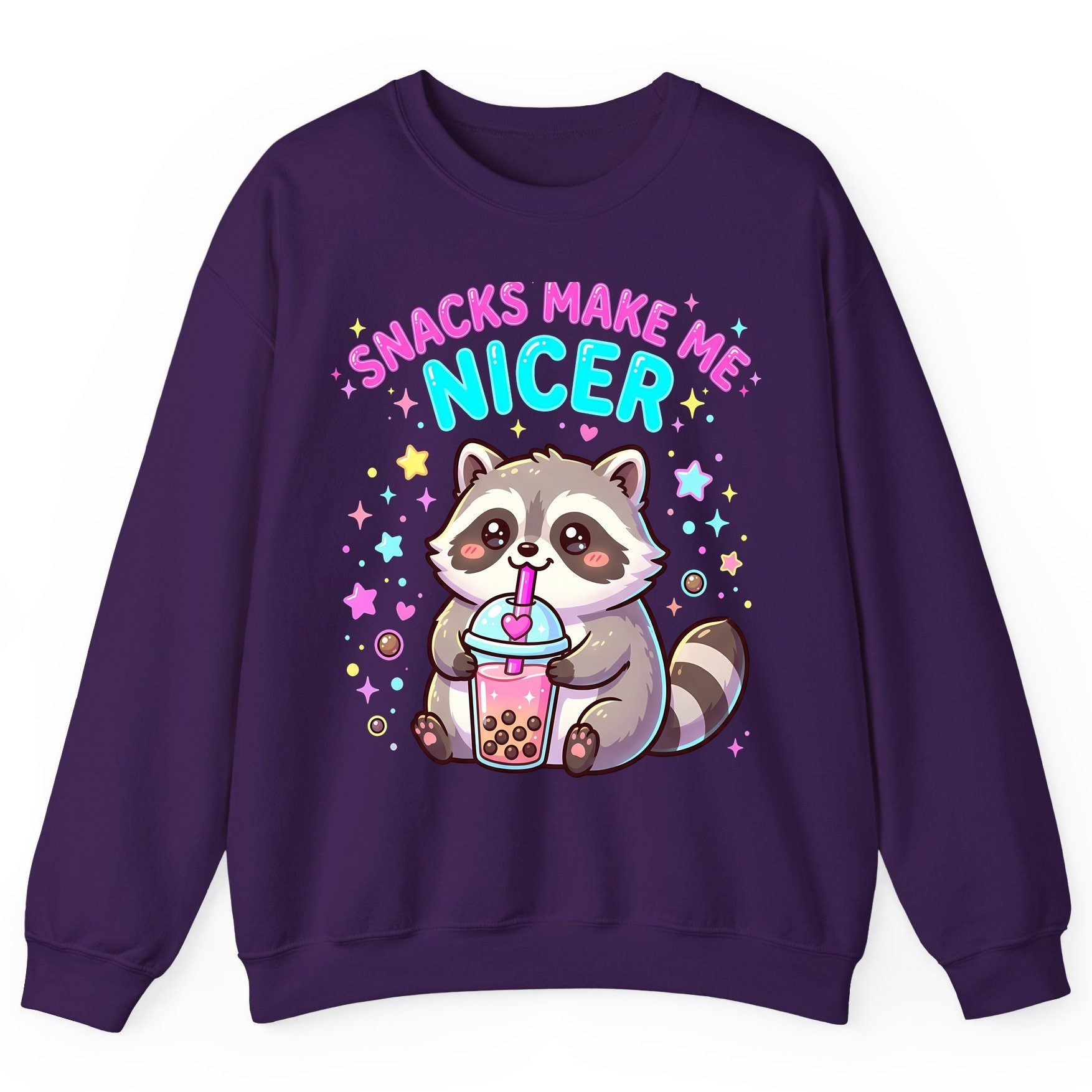 SNACKS MAKE ME NICER Funny Raccoon Sweatshirt - product mockup - Purple
