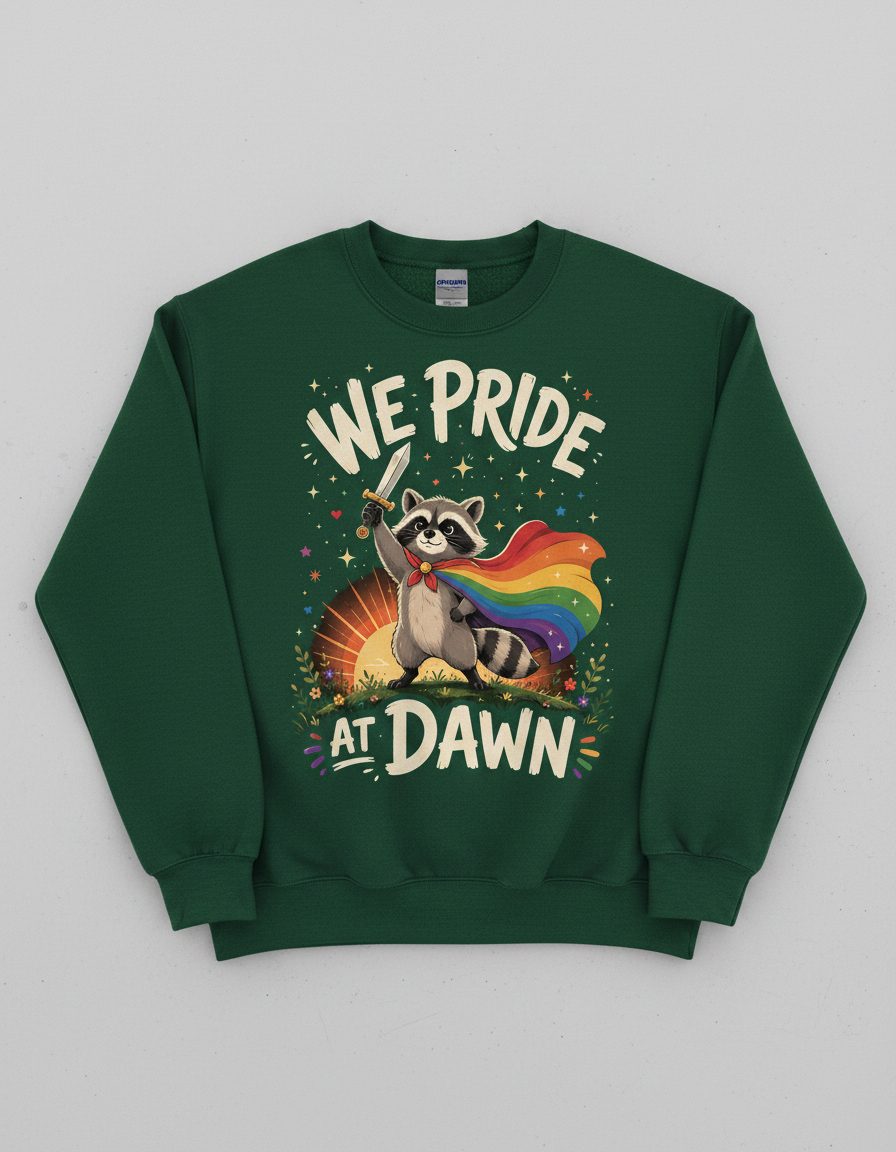 We Pride at Dawn Lgbtq Raccoon Sweatshirt - product mockup - Forest Green
