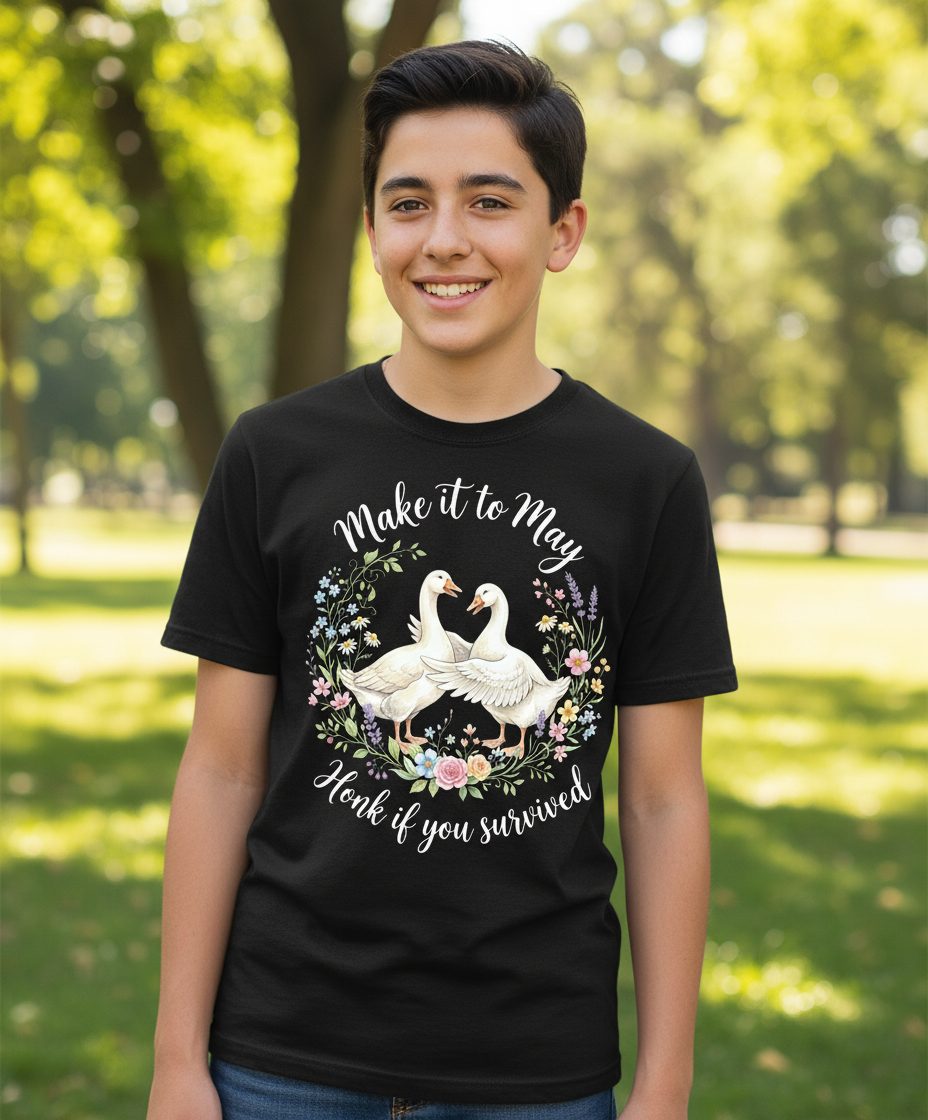 Make It to May Honk If You Survived Funny Geese Youth T-Shirt - lifestyle model mockup - Black