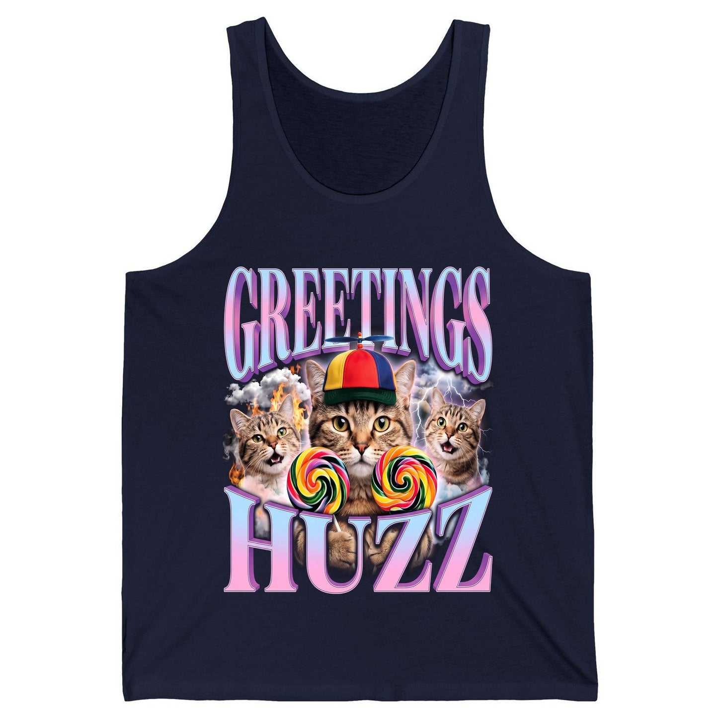 Greetings Huzz Funny Cats Tank Top - product mockup - Navy