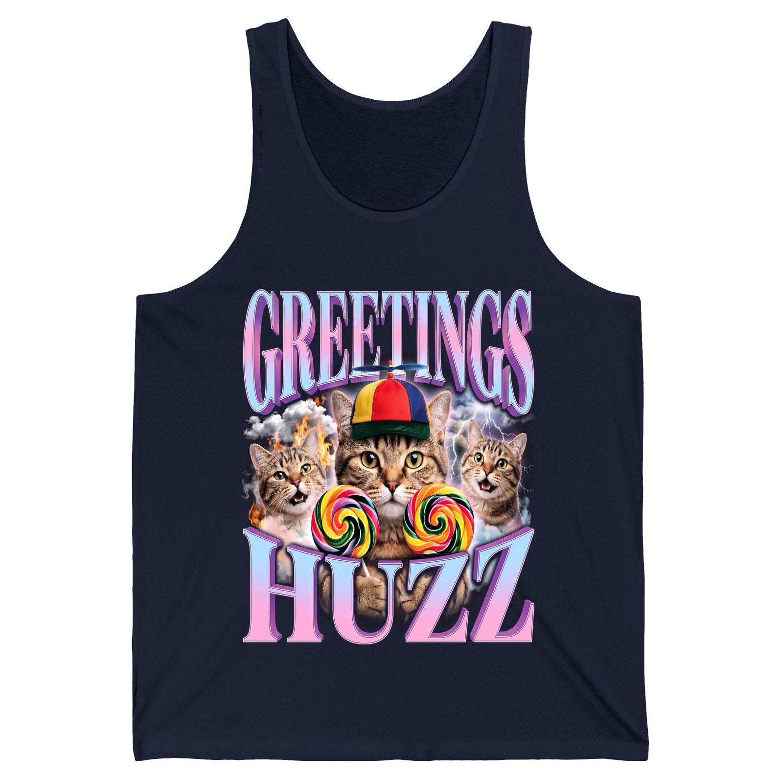 Greetings Huzz Funny Cats Tank Top - product mockup - Navy