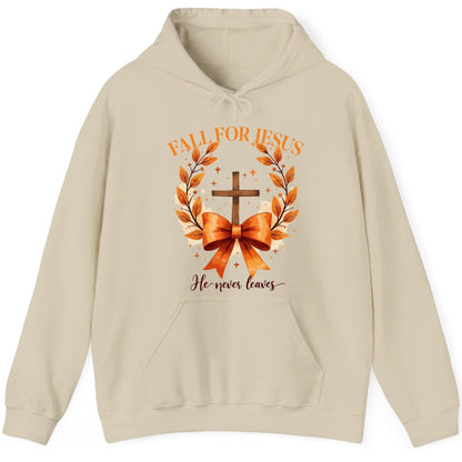 Fall for Jesus He Never Leaves christian faith Hoodie Sand product mockup