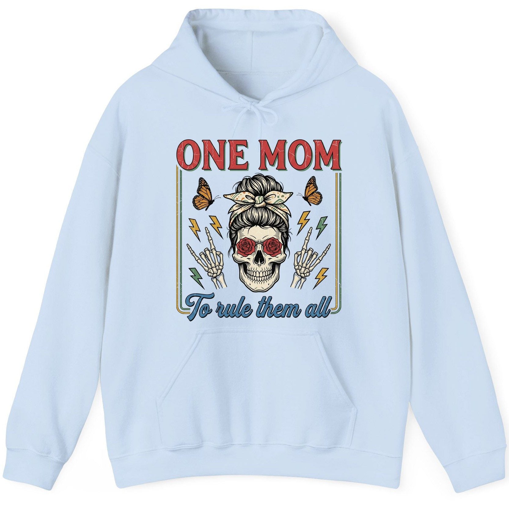 ONE MOM to Rule Them All Funny Skull Hoodie - product mockup - Light Blue