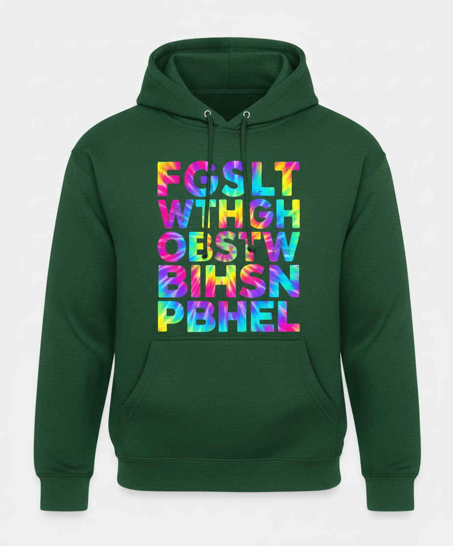 Colorful Tie-Dye Block Letters Hoodie - Forest Green