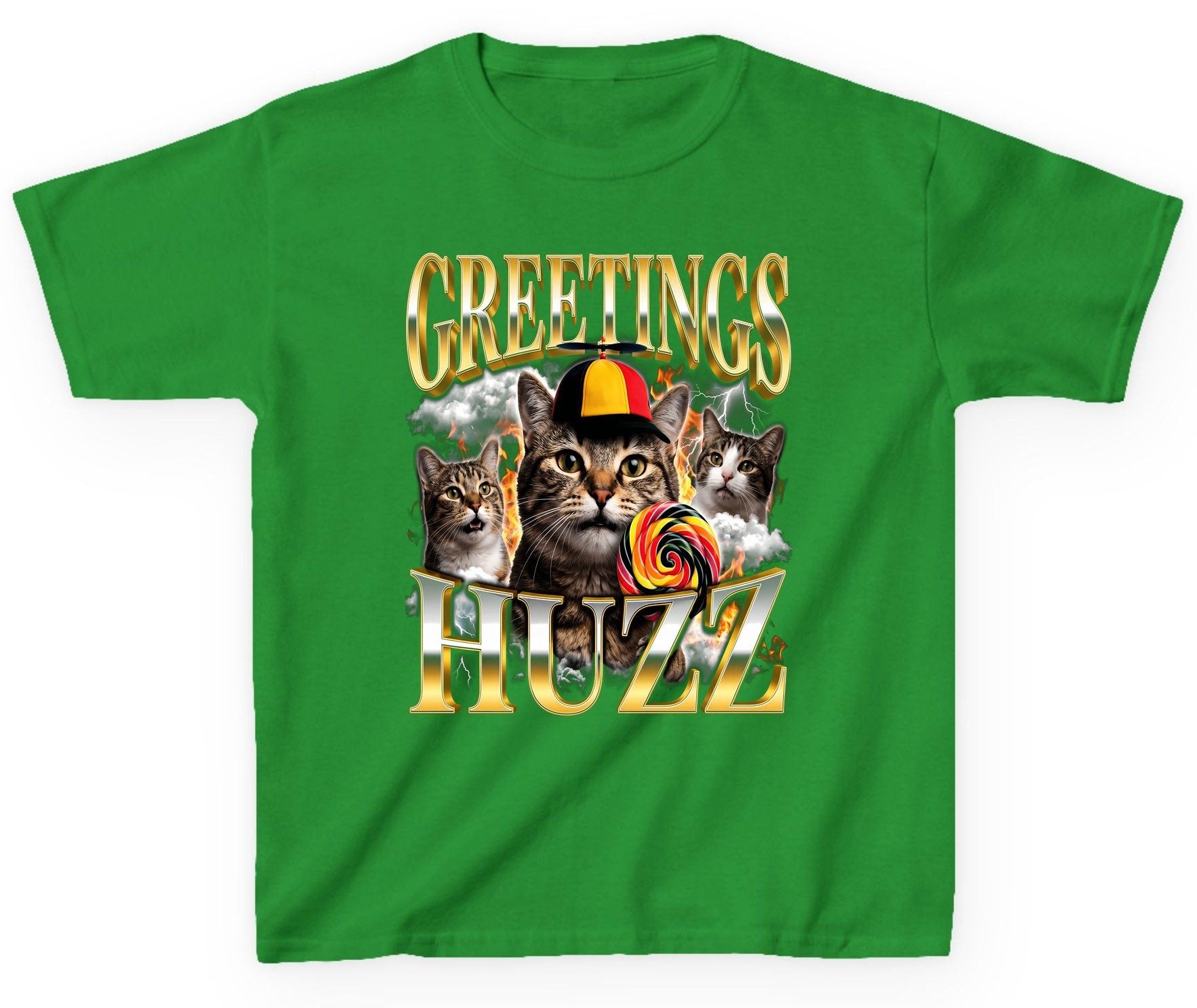 Greetings HUZZ Funny Cats Youth T-Shirt - product mockup - Irish Green
