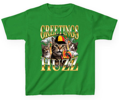 Greetings HUZZ Funny Cats Youth T-Shirt - product mockup - Irish Green