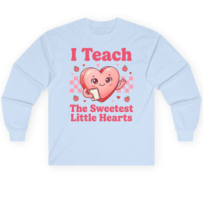 I Teach the Sweetest Little Hearts teacher Long Sleeve Tee Light Blue product mockup