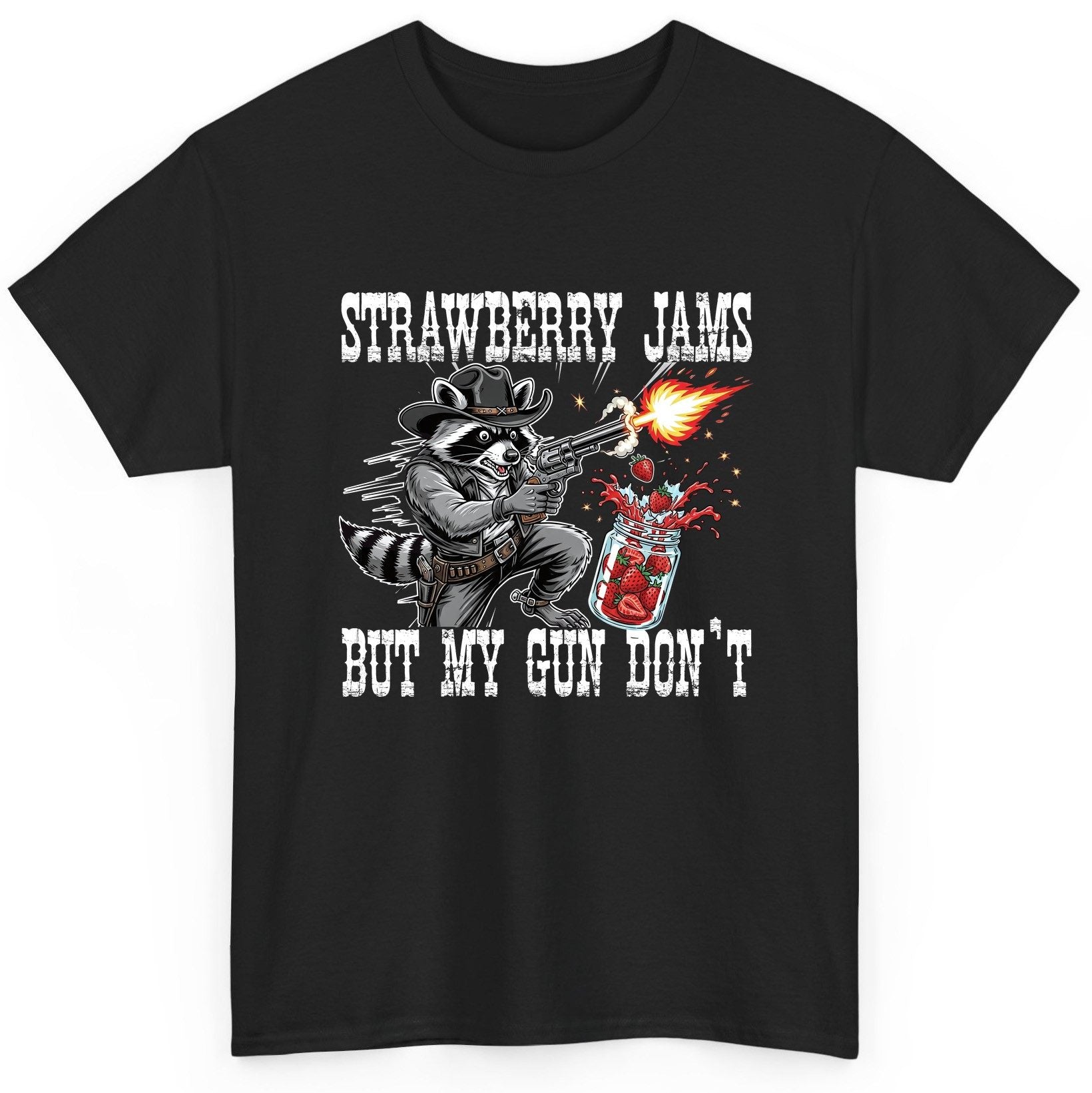 Strawberry Jams but My Gun Don't raccoon T-Shirt Black product mockup