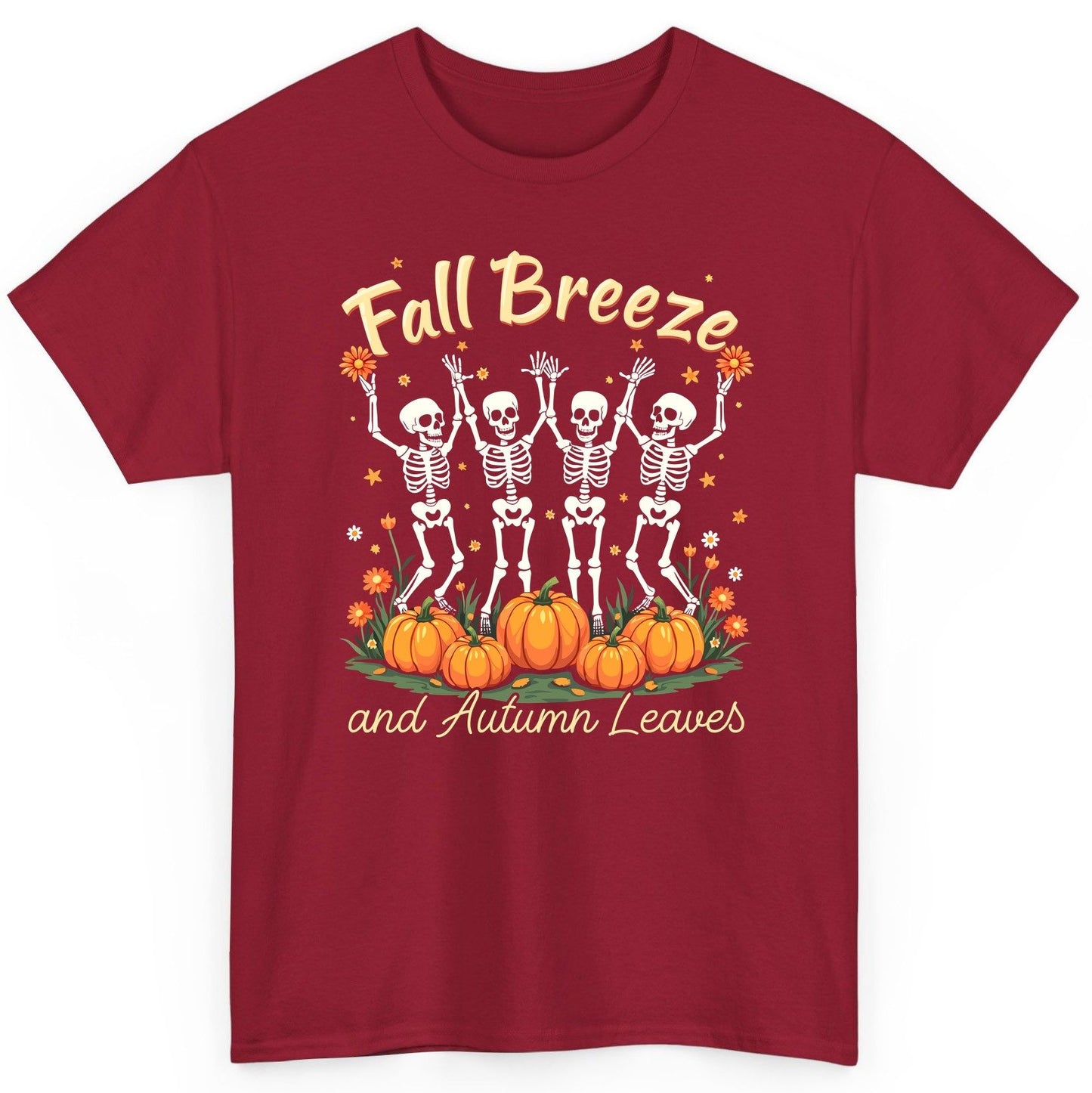 Fall Breeze and Autumn Leaves dancing skeletons T-Shirt Cardinal Red product mockup