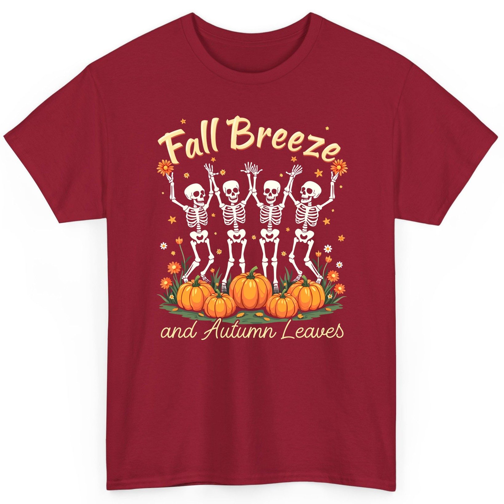 Fall Breeze and Autumn Leaves dancing skeletons T-Shirt Cardinal Red product mockup