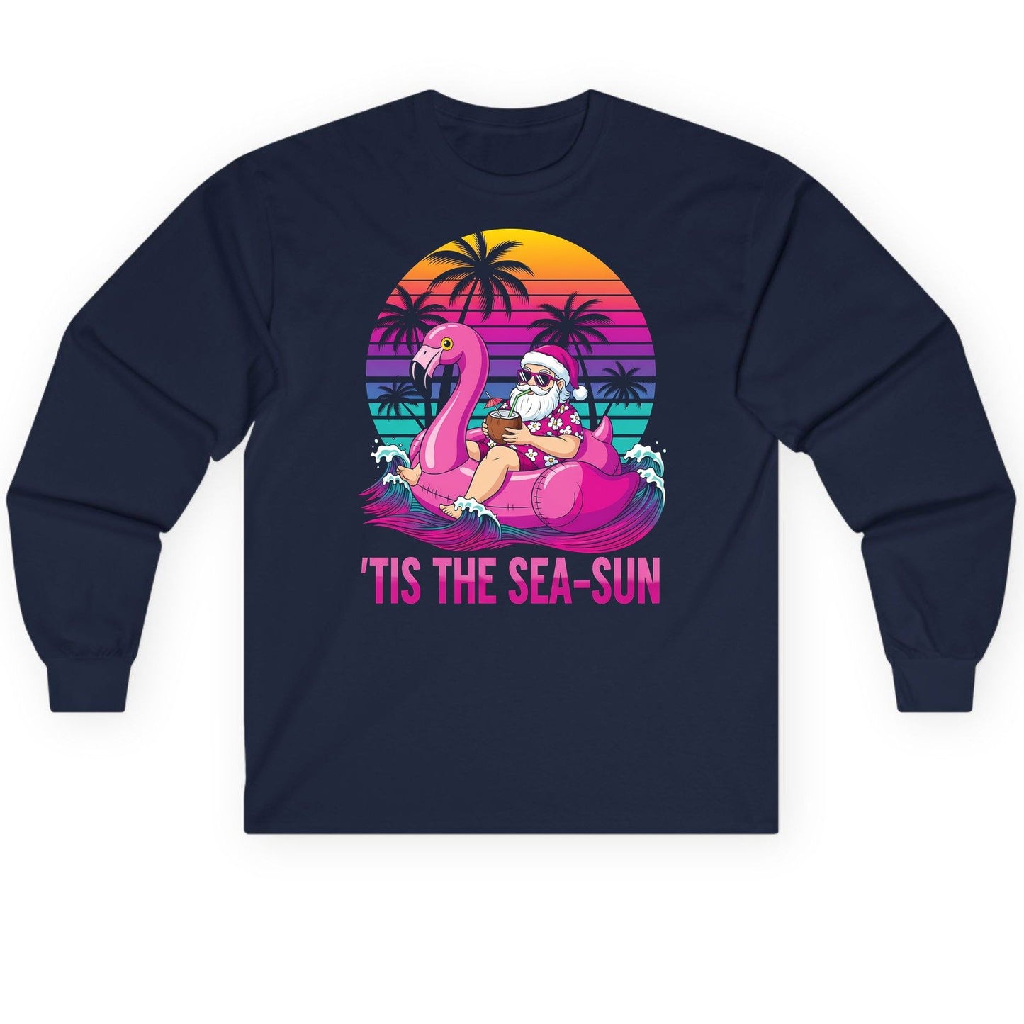 'Tis the Sea-Sun tropical santa claus Long Sleeve Tee Navy product mockup