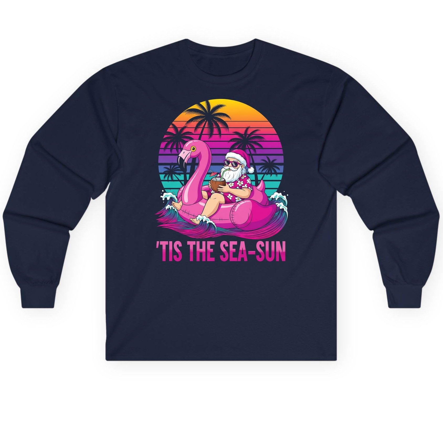 'Tis the Sea-Sun tropical santa claus Long Sleeve Tee Navy product mockup
