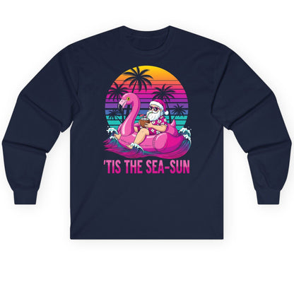 'Tis the Sea-Sun tropical santa claus Long Sleeve Tee Navy product mockup