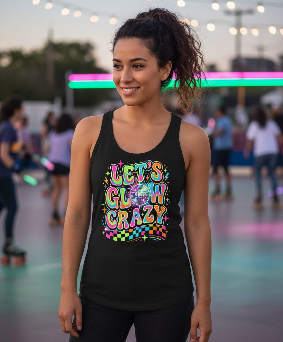 Let's Glow Crazy Retro Party Tank Top - lifestyle model mockup - Black