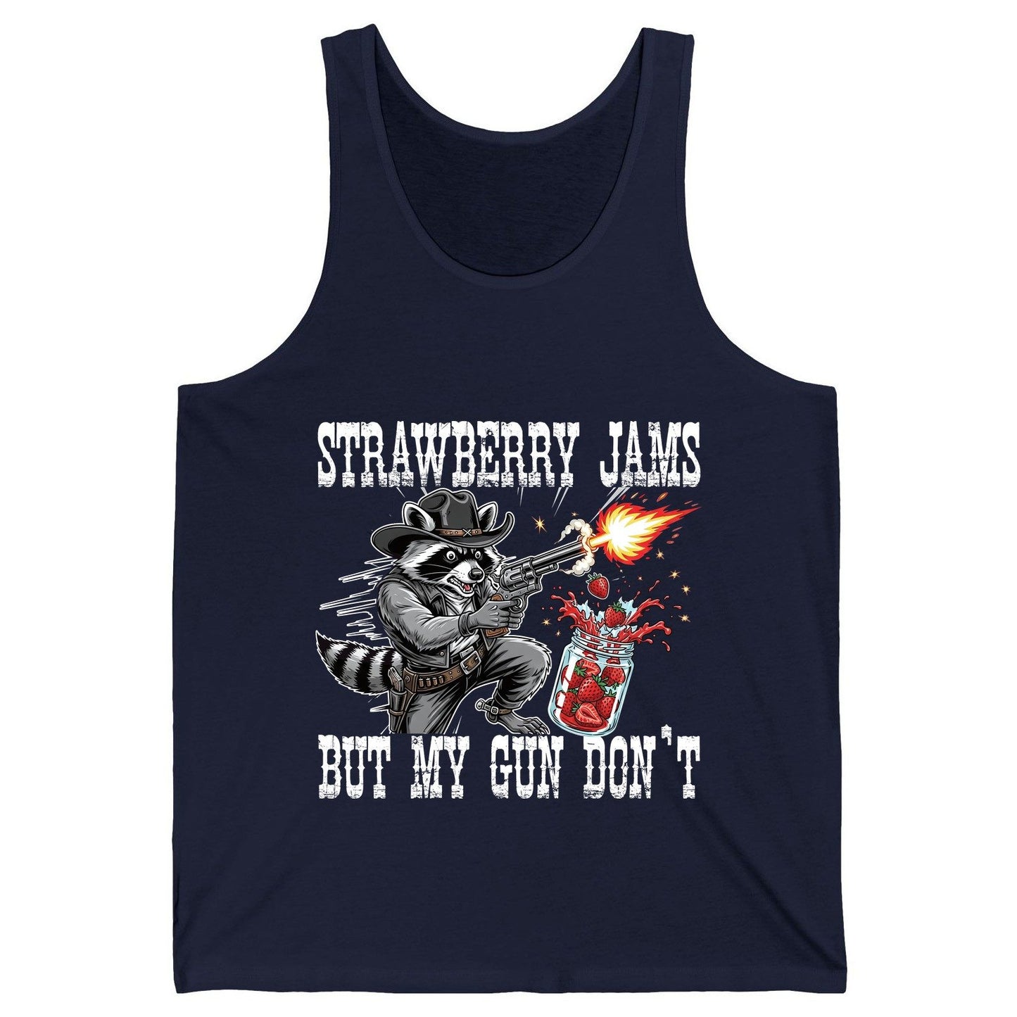 Strawberry Jams but My Gun Don't raccoon Tank Top Navy product mockup