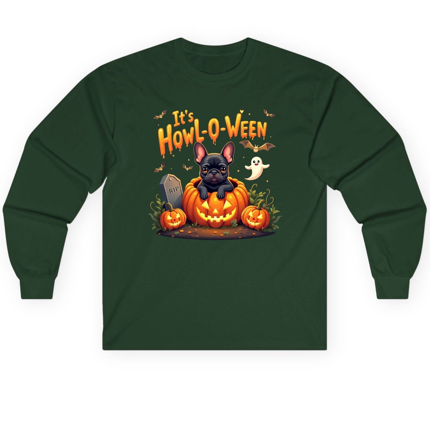 It's Howl-O-Ween french bulldog Long Sleeve Tee Forest Green product mockup